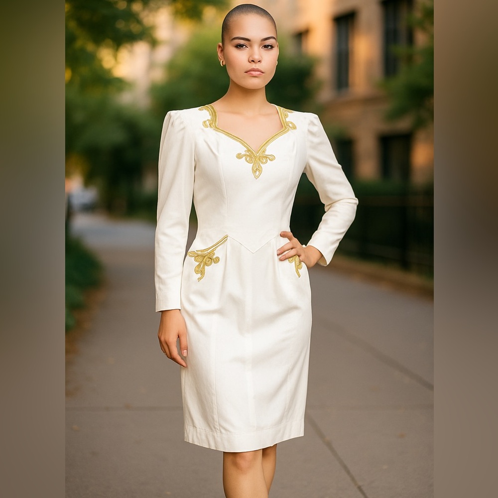 Vintage Karen Alexander Elegant Dress or Wedding Dress with gold stitch apllique